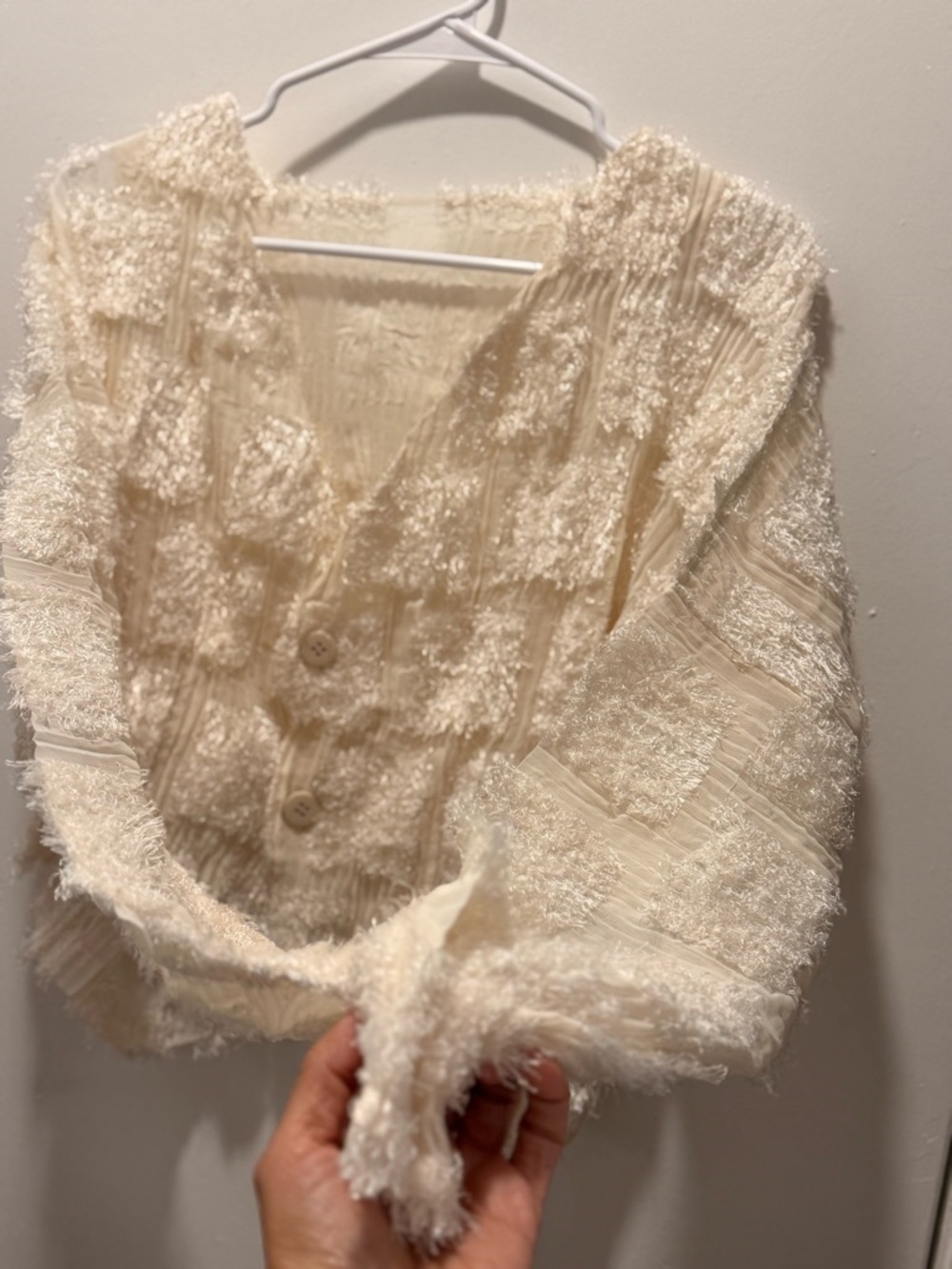 BEAUTIFUL ISSEY MIYAKE Cream Textured V-Neck Button Cardigan - Picture 11 of 13
